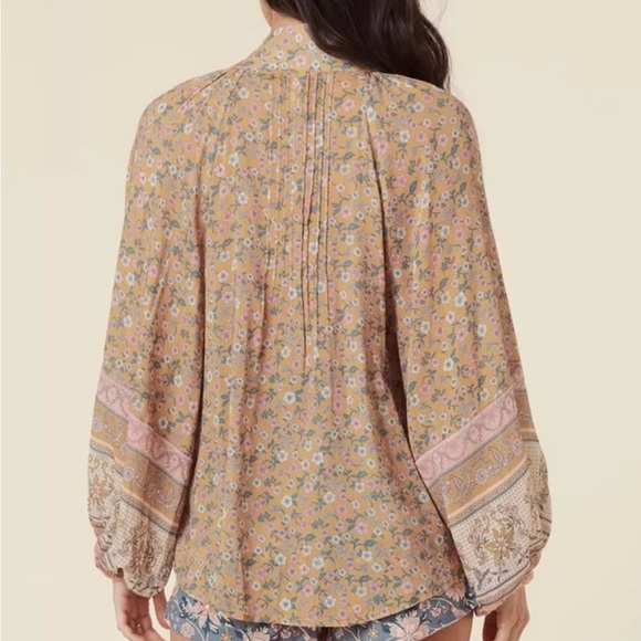 New Spell x Free People Mossy XL Brown Pink Buttonfront Tie-Neck Boho Blouse - Picture 15 of 15